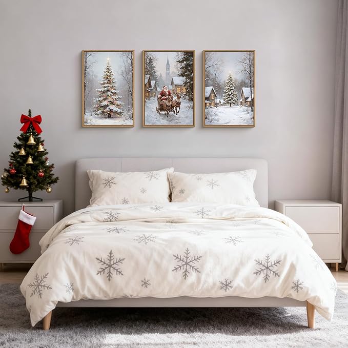 HPNIUB Happy Christmas Framed Wall Art Set, Elk Santa Claus Wall Decor, Winter Snowy Landscape Nature Painting, Neutral Christmas Scene Art Prints for Xmas Festival Fireplace Decor-16 x 24 x3
