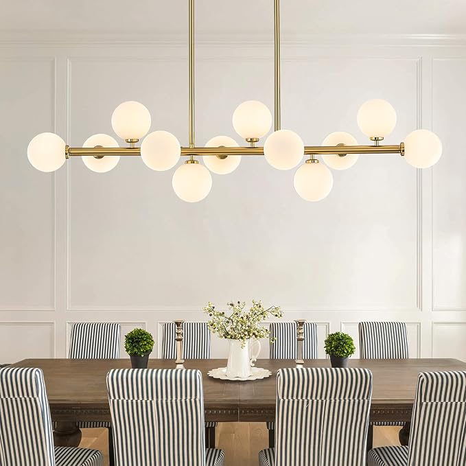 50" Long Modern Sputnik Globe Chandelier, Large 12-Light Mid Century Light Fixture Over Table, Brass Gold Linear Chandeliers for Dining Room and Kitchen Island (Milk White Glass Bubble Shades)