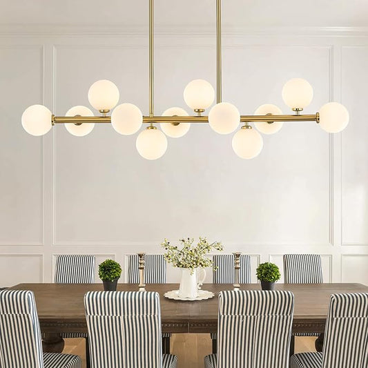 50" Long Modern Sputnik Globe Chandelier, Large 12-Light Mid Century Light Fixture Over Table, Brass Gold Linear Chandeliers for Dining Room and Kitchen Island (Milk White Glass Bubble Shades)