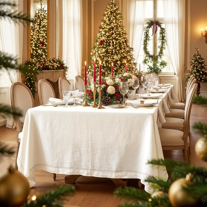 D'Moksha Homes Ivory Linen Tablecloth for Rectangle Tables 60 x 144 Inch - 100% Pure Linen Ivory Table Cloth - Classic Hemstitch, Machine Washable Dining Tablecloth for Thanksgiving, Christmas