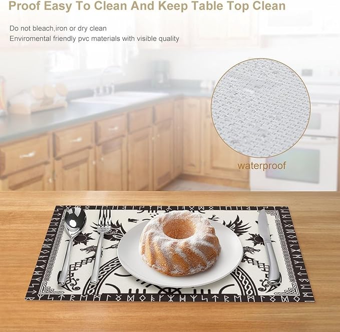Viking Placemat Set of 6, 12x18 Inch Vintage Tree of Life Nordic Mythology Raven Helmet of Awe Dragon Animal Black Rustic Coffee Table Mats for Outdoor Farmhouse Kitchen Dining Table Decoration