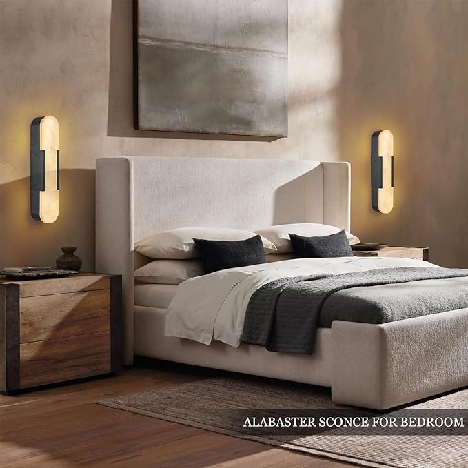 Alabaster Wall Sconce, 20" Natural Marble Wall Sconce, Black Alabaster Sconces Set of Two, Indoor Modern Bathroom Sconces Wall Lighting for Living Room, Bedroom, Hallway, Stairs