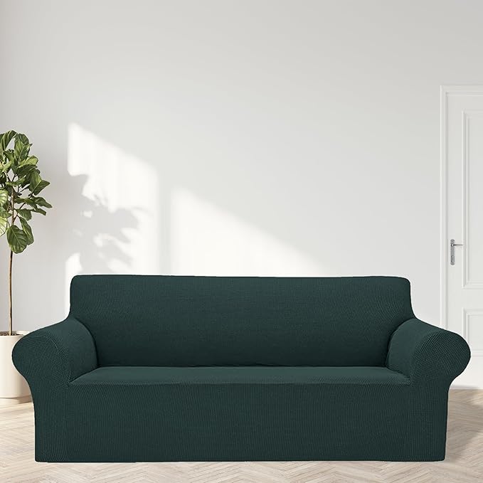 Cupuamon 2025 New Stretch Sofa Slipcovers Couch Cover for 3 Cushion Furniture Protector Sofa Covers with Elastic Bottom Jacquard Fabric Small Checks for Pets, Kids -Sofa, Hunter
