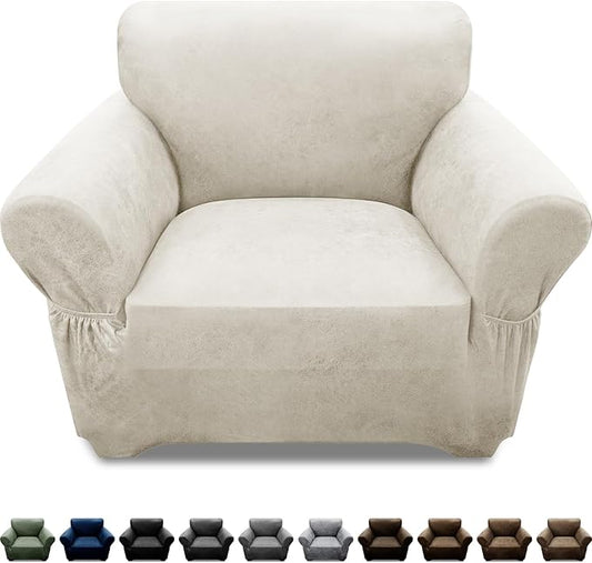 Single Sofa Cover Leather Look Chair Covers for Living Room 1-Piece Sofa Chair Covers with Arms Stretch Furniture Protector with Elastic Bottom & Pockets(Armchair, Beige)
