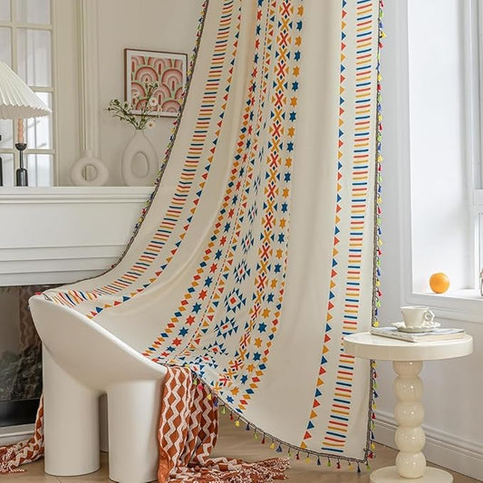 Boho Curtains Geometric Light Filtering Semi-Blackout Window Curtains 102 Inches Long Rod Pocket Drapes for Living Room 2 Panels-Beige Stars
