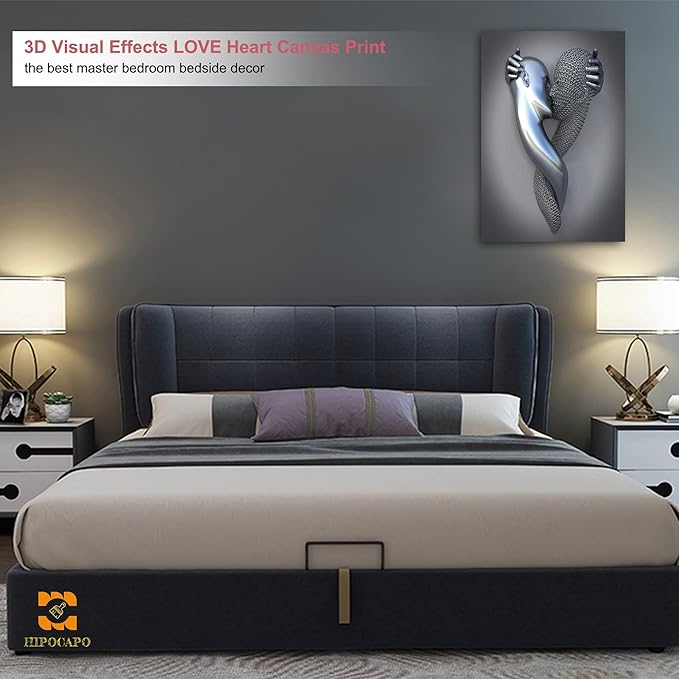 3D Metal Effect Wall Art - 3D Metal Canvas Art, Silver Modern Abstract hug Lovers Painting Picture Poster Prints for Bathroom, Romantic Couple Living Room Canvas Wall Art Framed 24”x36”x1Pcs