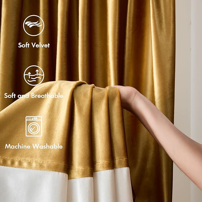 Velvet Curtains for Living Room Gold Cream Ivory 63 inches Long,2 Panels Blackout Curtains Modern Color Block Back Tab Rod Pocket Soundproof Drapes for Bedroom Window Decor