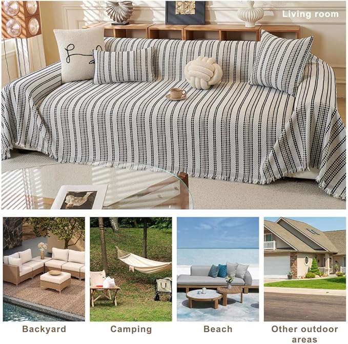 ROOMLIFE Thicked Striped Boho Black &Gray Couch Cover for 2-3 Cushion Sofa, Chenille Sofa Slipcovers Sectional Sofas Covers for Dog, Non Slip Washable Furniture Protector Soft with Tassel 71''X150''