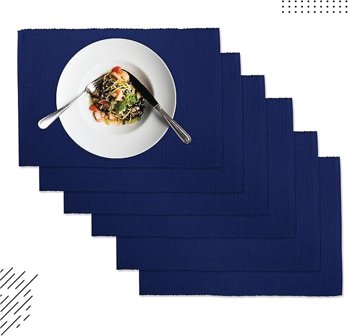 Encasa XO Dining Placemat Set of 6 | Solid Solid Blue Color | Fine Ribbed Cotton Table mat | Size 19x13 in |for Dining Table Fall Decoration, Holiday & Christmas Festivals - Machine Washable