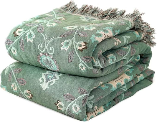 Boho Throw Blanket for Bed 100% Cotton Ultra Soft Rustic Quilt Fall Blanket Floral Printed Farmhouse Decor Bed Blankets,90"×98" All Season Rustic Throw for Sofa Couch Chair