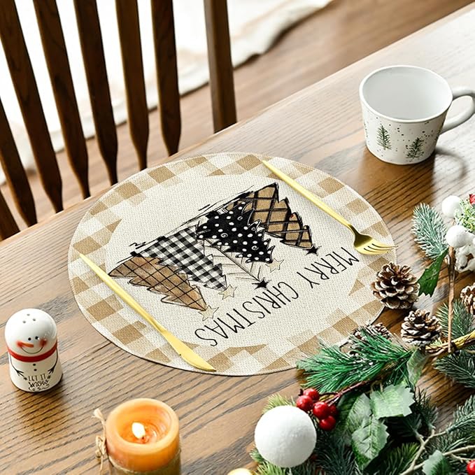 Artoid Mode Watercolor Brown Buffalo Plaid Christmas Trees Round Placemats Set of 4, 14 Inch Seasonal Winter Xmas Holiday Round Table Mats for Party Kitchen Dining Decoration
