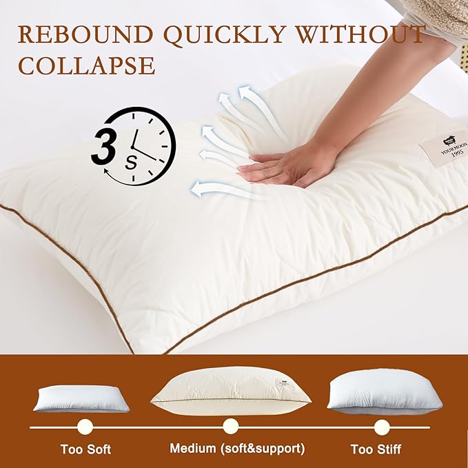 YOUR MOON Organic Wool Pillow Queen Size Set of 2, Soft Support Bed Pillows for Sleeping, Natural Wool & Down Alternative Filling, Luxury Hotel Quality Pillows,100% Cotton Cover (Off White)