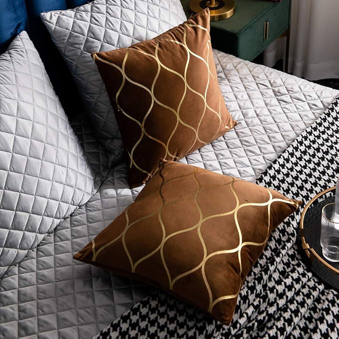 Gold Velvet Throw Pillow Covers: 2 Pack 22x22 Inch Square Decorative Pillow Cases for Bedroom Sofa Couch Living Room, Light Brown
