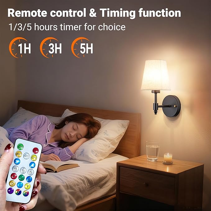 Battery Operated Wall Sconces Set of Two, Indoor Wireless Wall Mounted Lamp with 10000mAh Dimmable Bulb and Remote, RGB Colors Rechargeable Wall Light for Bedroom Living Room Decor