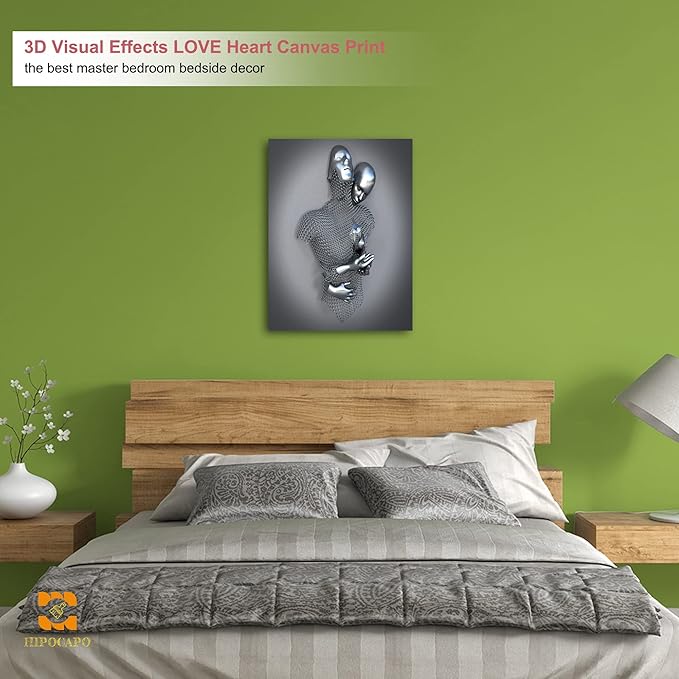 HIPOCAPO 3D Metal Effect Wall Art - Love Heart Canvas Art, Silver Decor for Living Room, Romantic Couple Room Framed 18”x24”x1Pcs 3d Art-15