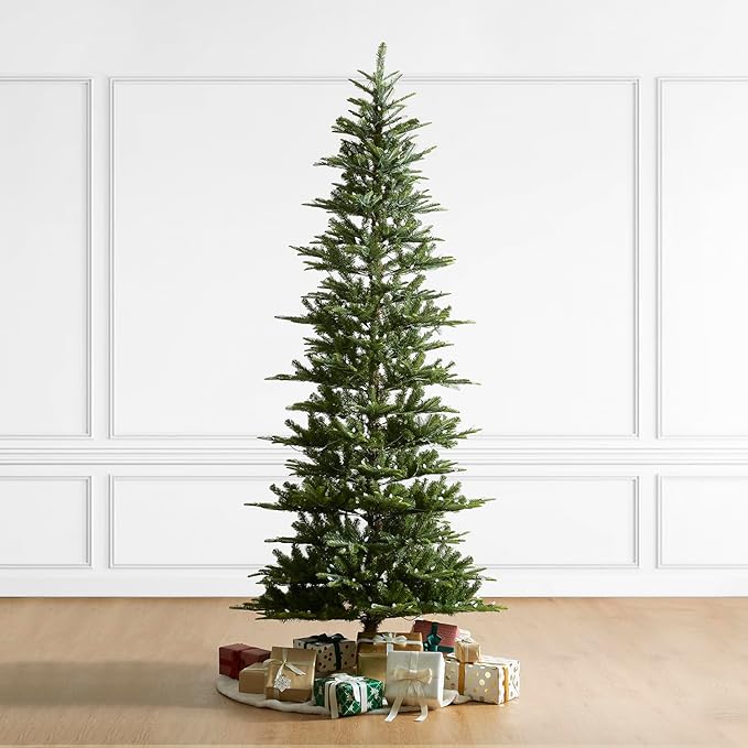 Glitzhome 9ft Prelit Christmas Tree, Cascade Evergreen Slim Fir Artificial Christmas Tree with 500 Strawberry Lights,1468 PE&PVC Branch Tips, 9 Functional Warm White/Multi-Color, Remote Controller