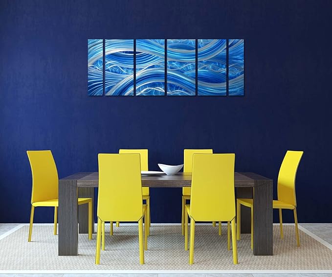 MyArton Handmade Abstract Metal Wall Art with Soft Color, Large Scale Decor in Blue Line Design, 3D Artwork for Indoor Outdoor Wall Decorations, 6-Panels Metal Art Measure 24"x 65"