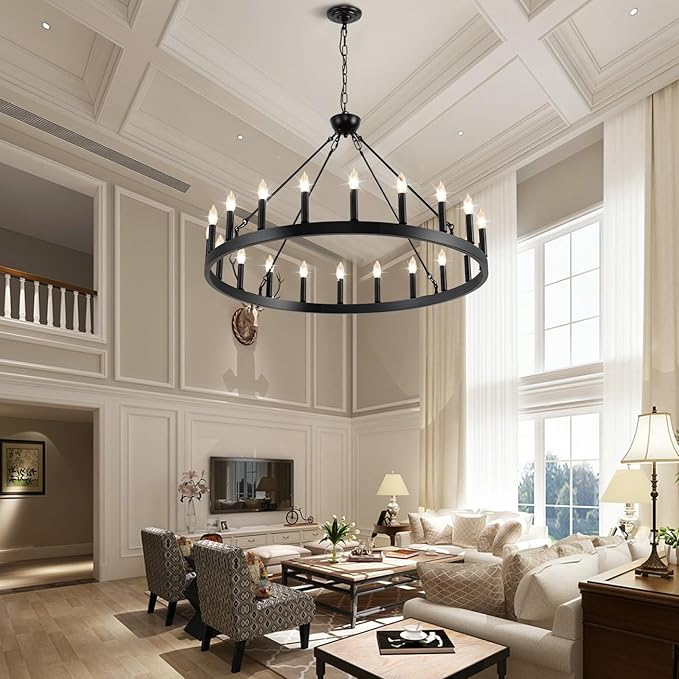 Wagon Wheel Chandeliers 40" 20-Light, Black Modern Farmhouse Chandelier with Adjustable Height, Hanging Island Light Fixture for Dining Living Ceiling Room Outdoor