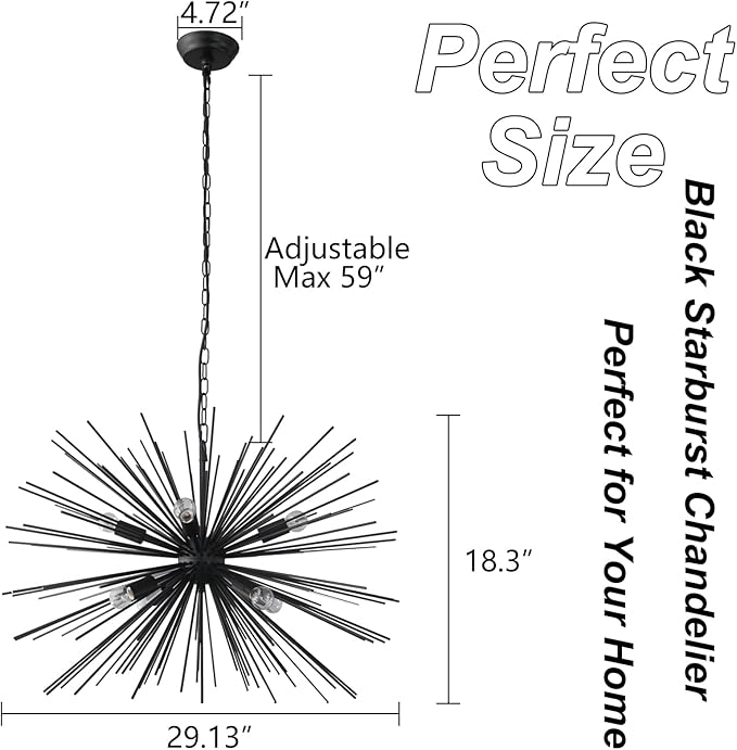 29.13" Large Black Sputnik Chandelier Vintage Geometric Starburst Chandelier Light Modern Solid Metal Firework Chandeliers for Dining Room, Kitchen Island, Bedroom, Living Room