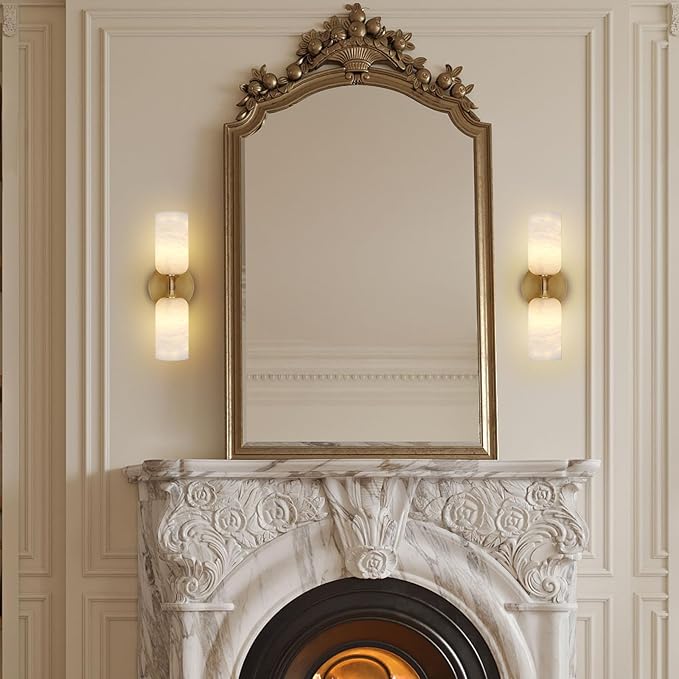 Alabaster Wall Sconces Set of Two, 14in Modern Spanish Natural Marble Bathroom Vanity Sconces, Brass Alabaster Sconce Wall Lighting, Gold Wall Light Fixtures Decor for Bedroom Living Room Staircases