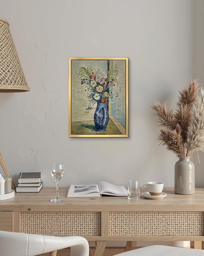AIMAILON Vintage Gold Canvas Wall Art Framed Decor for Living Room Kitchen Colorful Wildflower Print Still Life Classical Home Decration Artwork Picture Desktop Decor 12x16