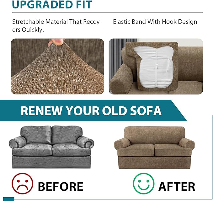 T Cushion Loveseat Slipcover 3 Pieces Sofa Covers for T Cushion Sofa Stretch Slip Covers for 2 Cushion Couch with 2 Individual T Shape Seat Covers (Brown, 2 Cushion)