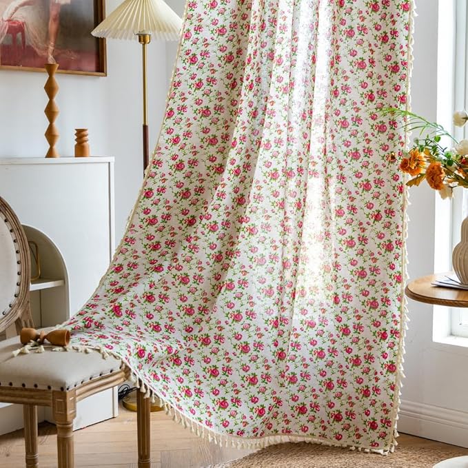 OYX Boho Curtains 63 Inch Length 2 Panels for Living Room, Bedroom Light Filtering Drapes, Farmhouse Vintage Country French Rustic Tassels Pattern Rod Pocket Aesthetic Decor Window Treatments