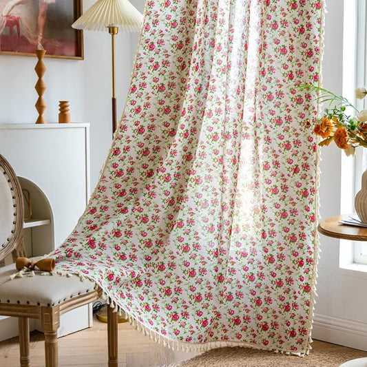 OYX Boho Curtains 96 Inch Length 2 Panels for Living Room, Bedroom Light Filtering Drapes, Farmhouse Vintage Country French Rustic Tassels Pattern Rod Pocket Aesthetic Decor Window Treatments