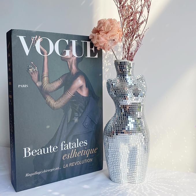 8.8 Inch Modern Chic Vase for Decor, Handmade Silver Disco Creative Boho Decor for Home,Table, Bathroom, Curve Art Body Flower Vase, 3.2x2.2x8.8 inches