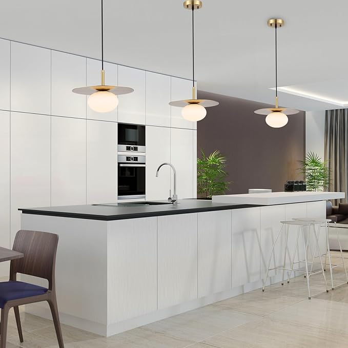 Modern Globe Pendant Lighting Set of Two Milky White Glass Shade Brass Gold Farmhouse Pendant Light 11.81" Dome Industrial Hanging Ceiling Light Fixture Kitchen Island Dinning Room Bedroom