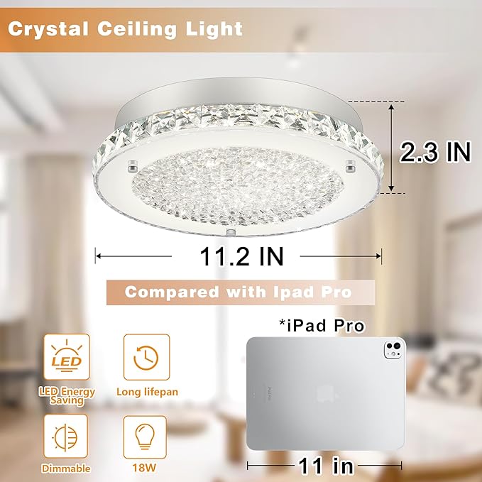Crystal Ceiling Light 11" LED Crystal Bathroom Ceiling Light Fixtures Semi Flush Mount for Kitchen, Entryway, Foyer, Bedroom, Bathroom, Laundry Room, Cloakroom, Hallway 4000K (Dimmable)