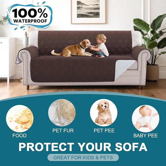 Turquoize 100% Waterproof Sofa Covers Couch Cover for 3 Cushion Couch Triple Non-Slip Sofa Slipcover Washable Furniture Protector for Pets, Kids, Dog (Sofa 70", Chocolate)