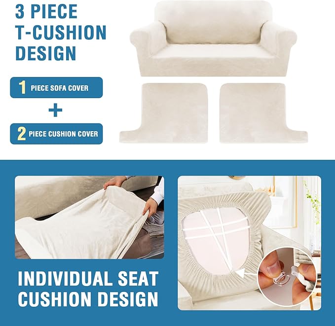 H.VERSAILTEX Sofa Cover 3 Piece T Cushion Sofa Slipcovers Thick Velvet Couch Cover Stretch T Cushion Sofa Covers for 2 Cushion Couch with 2 Individual T Cushion Covers, Cream