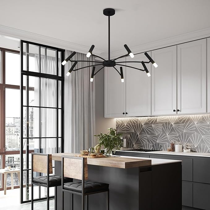 KCO Lighting 8 Light Black Metal Light Fixture Modern Foyer Chandelier Lighting Mid Century Industrial Sputnik Chandeliers Contemporary High Ceiling Chandelier Lights for Dining Room