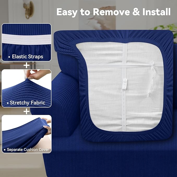 Waterproof Loveseat Cover 3-Piece Set Striped Slipcover for 2 Separate T Cushion Couch - TPU Fabric 2-Seater Sofa Covers Leakproof Couch Protector for Kids, Pets(Loveseat, Navy)