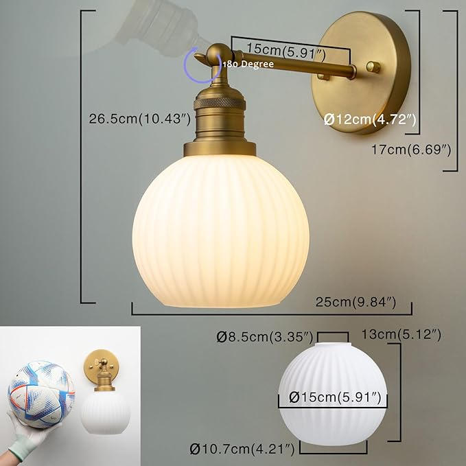 PERMO Vintage Wall Sconce Bedroom Sconce Globe Vanity Wall Light Milk White Glass Shade Wall Light Lamp Fixture (Antique Gold)