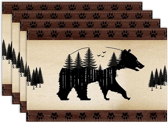 Retro Bear Placemat Set of 4, 12x18 Inch Rustic Brown Wildlife Animal Paw Print Forest Tree Farmhosue Cabin Country Lodge Coffee Table Mats for Outdoor Kitchen Dining Table Decoration