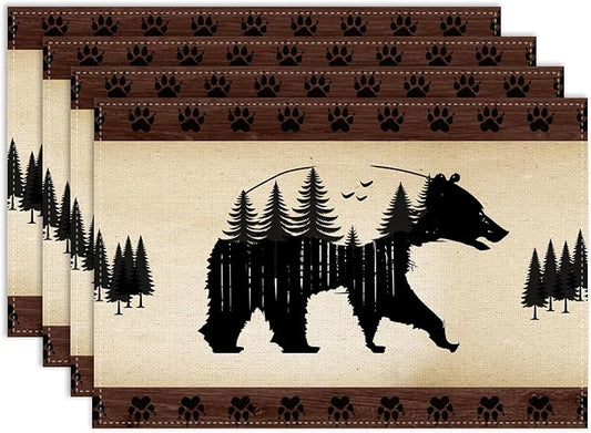Retro Bear Placemat Set of 6, 12x18 Inch Rustic Brown Wildlife Animal Paw Print Forest Tree Farmhosue Cabin Country Lodge Coffee Table Mats for Outdoor Kitchen Dining Table Decoration