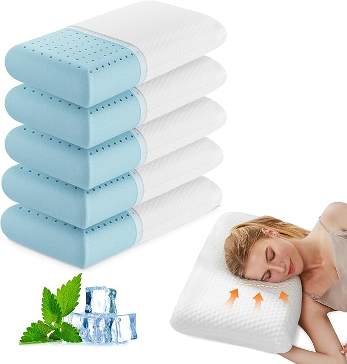 DUMOS Memory Foam Pillows for Sleeping 5 Pack, Bed Pillows for Adults with Washable Cover and Breathable Mesh, Gel Cooling Pillow for Back and Side Sleeper Support, White