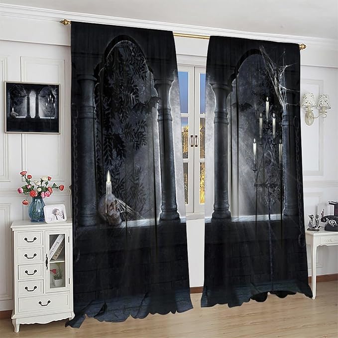 Gothic Mid Century Skeleton Blackout Curtains, Vintage Castle Skull Candlesticks Halloween Horror Spider Web Window Drapes, for Living Room Bedroom 21(W)*54(L) 2 Panels
