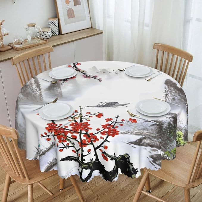 Chinese Landscape Tablecloth, Traditioanal Cherry Blossom Japanese Oriental Vintage Eastern Water Resisitant Wipeable Table Cover for Dining Kitchen Living Room Home Party Holiday Decor 36 inch Round