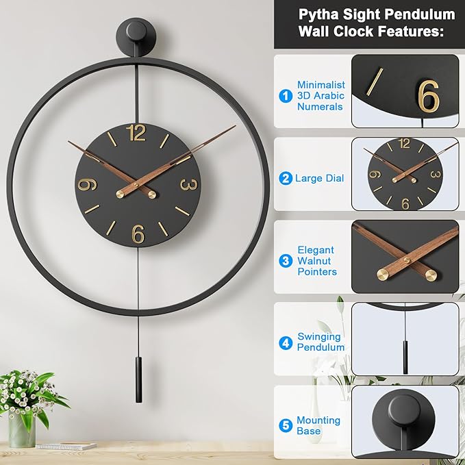 34.6×24 Inch Large Modern Decorative Oversized Pendulum Wall Clocks for Living Room,Big Minimalist Metal 3D Arabic Numeral Dial,Wall Clock With Walnut Pointers for Entryway,Dining Room Decor