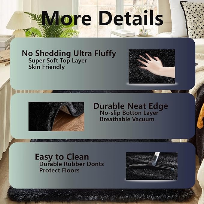 Floralux 6x9 Rugs for Living Room, Black Fluffy Area Rug for Bedroom, Non-Slip, Ultra Soft Plush Shag Carpet for Kids Boys Girls Room, Playroom, Home Decor Aesthetic