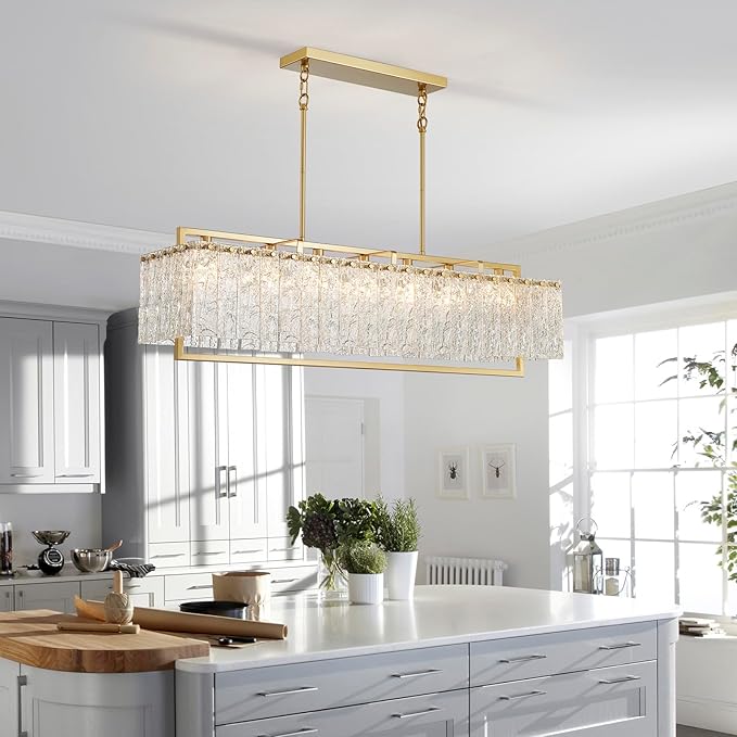 Shrine Lighting Gold Glass Chandeliers, Modern Design, Rectangular Chandelier for Living Space, L39.1'' × W10.2'' × H19.5'', Adjustable 50.8'', 7 x E12 Sockets, Glass LampShade & Brass Finish Frame