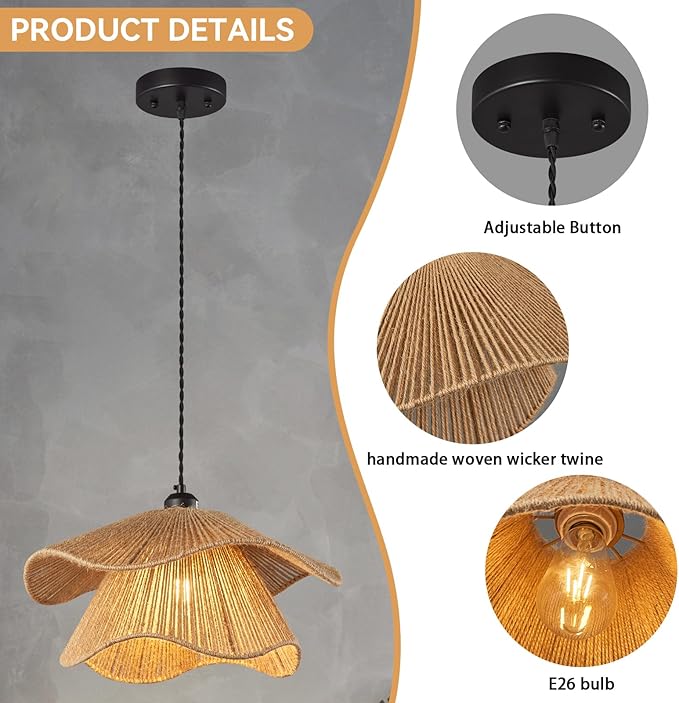 Farmhouse Hand-Woven Rattan Pendant Light Fixture Bohemian Chandelier Woven Wicker Pendant Lighting for Kitchen Island, Dining Room, Bedroom Room,Hallway