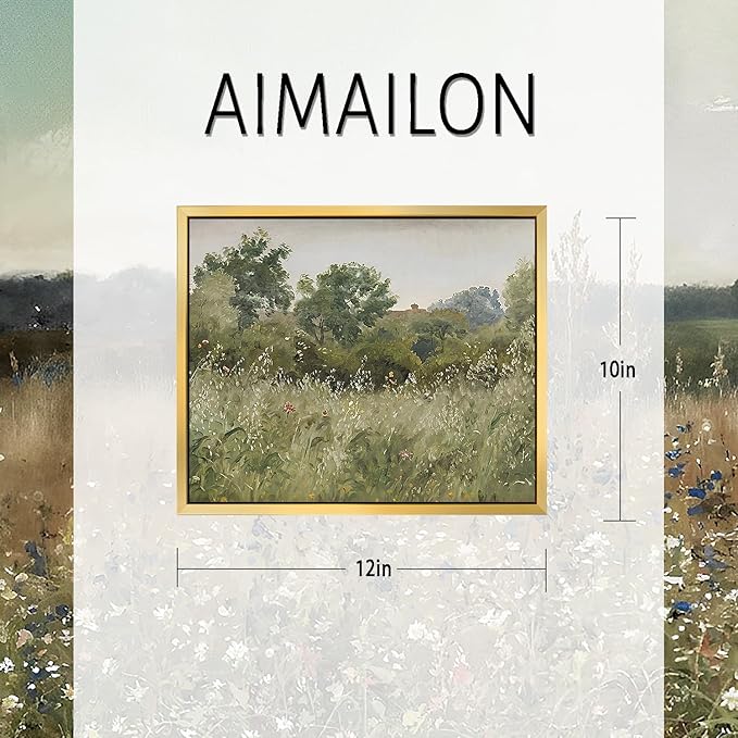 AIMAILON Vintage Gold Canvas Wall Art Framed Decor Retro Rural Scenery Spring Grassland Nature Theme Print Artwork Tranquil Rustic Outskirt Wildflower Landscape Classical Decoration 10x12