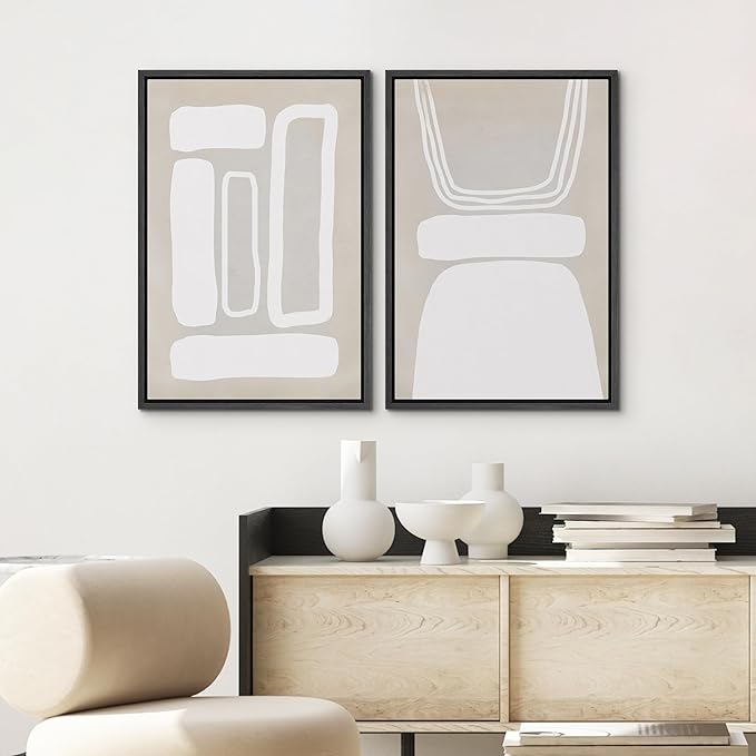 SIGNWIN Framed Canvas Print Wall Art Set Retro 1960s Geometric Figure Collage Abstract Shape Cozy Neutral Modern Art Decorative Nordic Multicolor for Living Room, Bedroom, Office - 24"x36"x2 Black