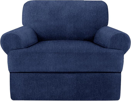 2 Pieces T Cushion Chair Covers with Arms Super Stretch Chair Slipcover for Living Room Pet Dog Universal Slip Cover Anti Slip Armchair Furniture Protector (Navy, 1 Cushion)