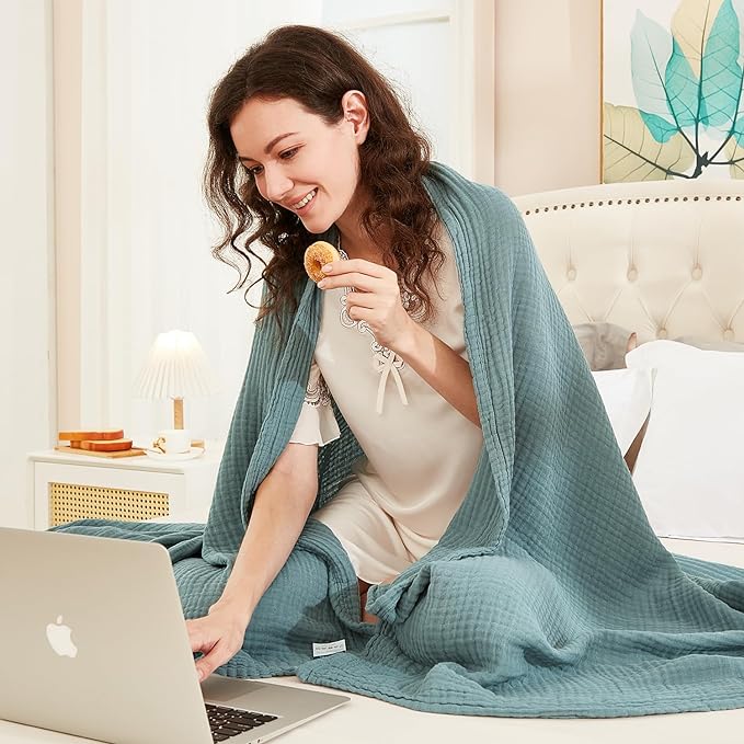 EMME Cotton Muslin Blanket King Size - Soft, Breathable Layering Bedspread Blanket, 108"x90", All Season Gauze, Teal