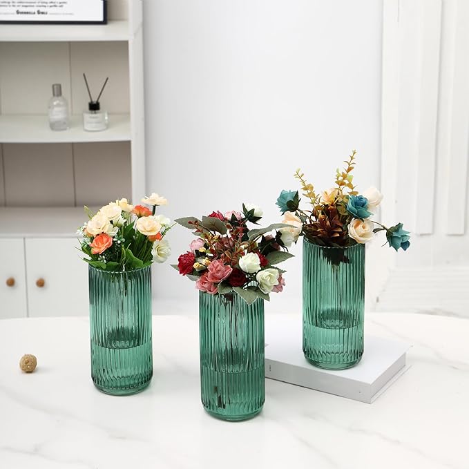 Green Glass Vases, Flower Vases Set of 3, Ribbed Glass Vase for Tulips, Tall Cylinder Glass Vases for Living Room, Bedroom, Dining Table, Office, Wedding, Bookshelf Decoration, 8 Inches